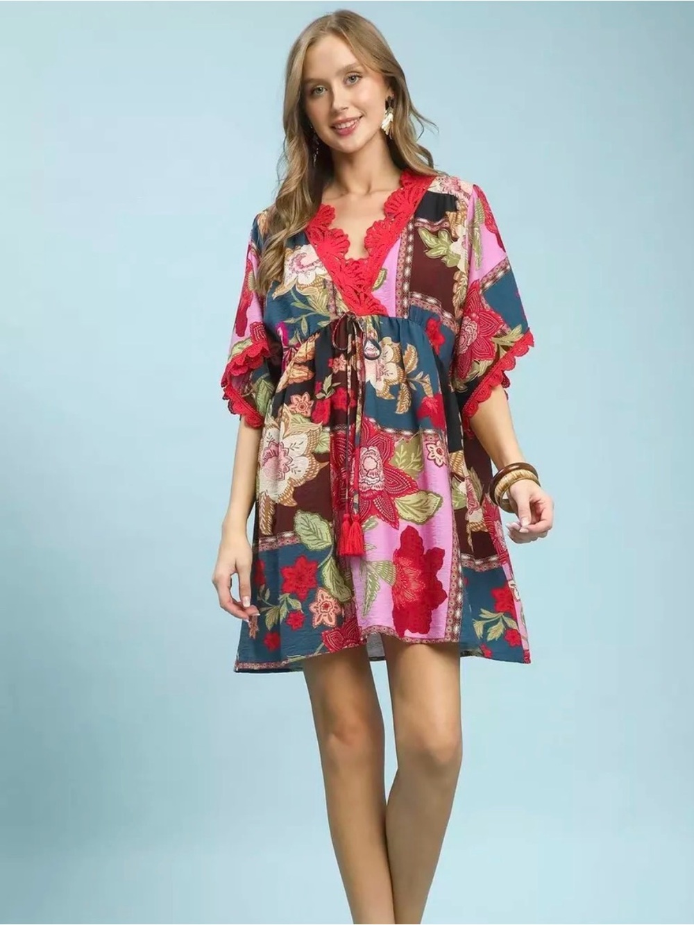 ♥️Hello Gorgeous! Umgee Abstract Print V-Neck Mini Dress- Pink Mix
